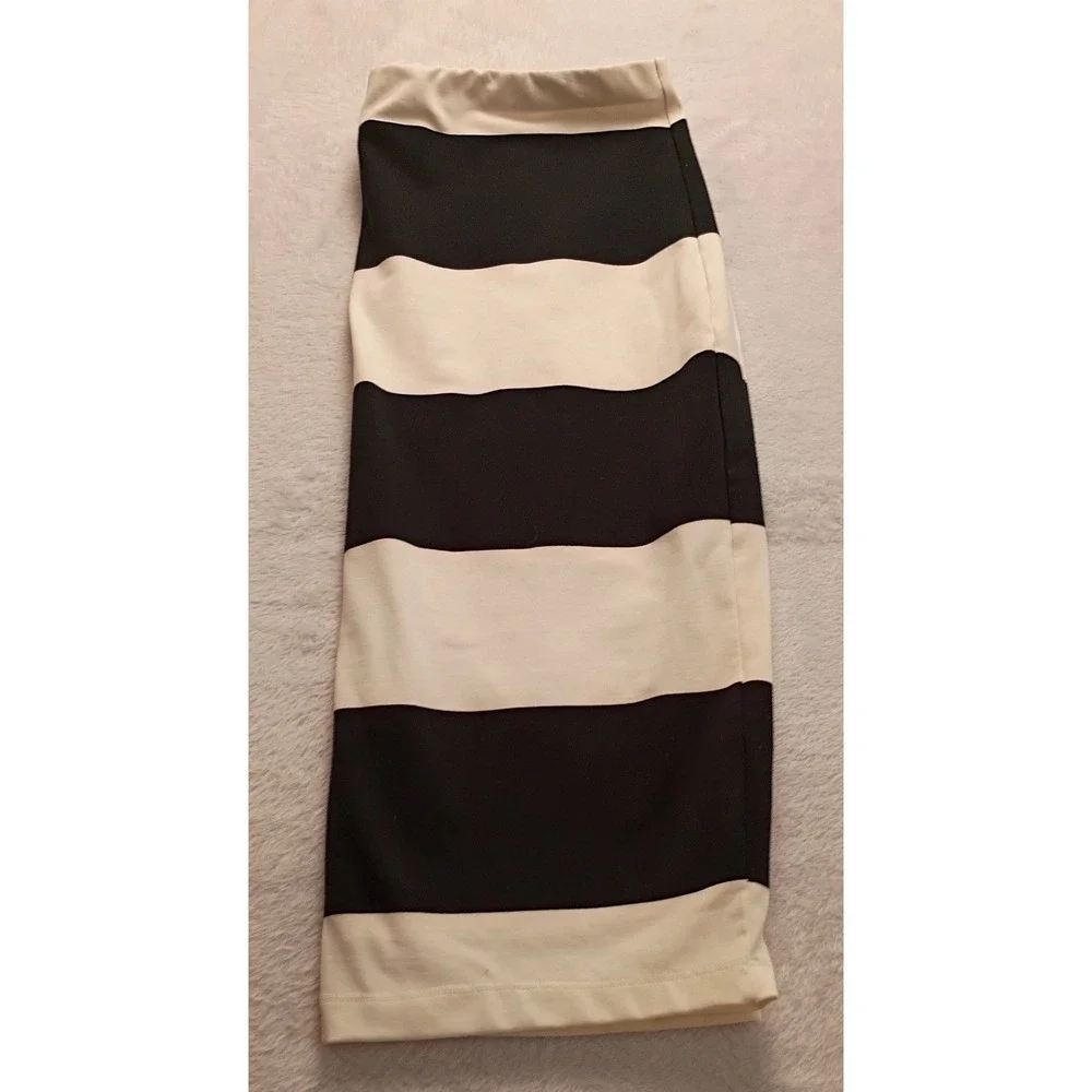 Jennifer Lopez Black White Striped Pencil Skirt Midi Bodycon Stretch Size L NWOT